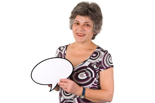 Senior woman with thought bubble - isolated on white background