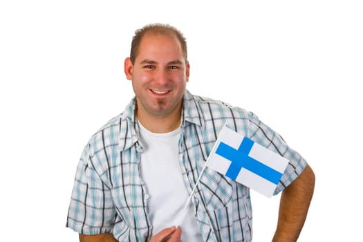 Young man with Finnish national flag isolated on white background