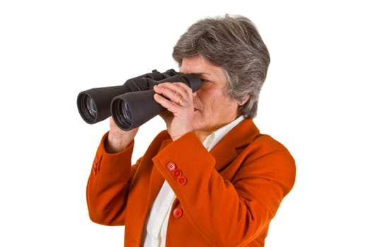 Senior woman with binoculars - isolated on white background