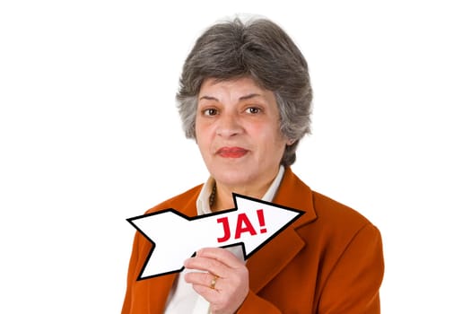 Senior woman with sign - free-standing on white background