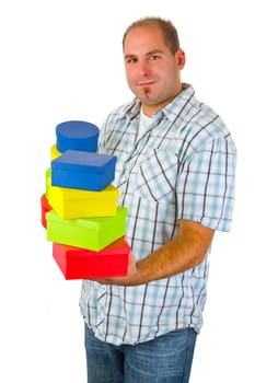 Young man with gift boxes isolated on white background