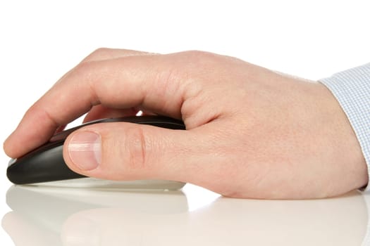 Hand holding  wireless computer mouse over a white background