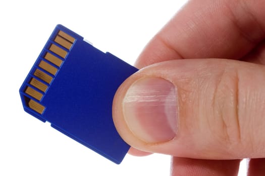 hand with blue sd memory card. isolated on white background