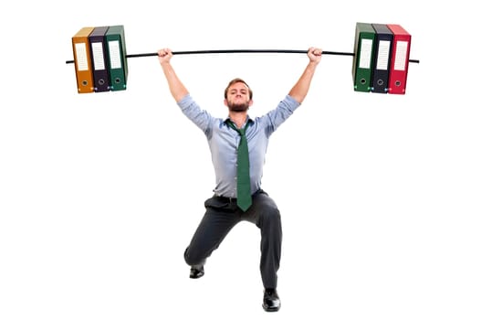 Muscular businessman lifting weights made of heavy files