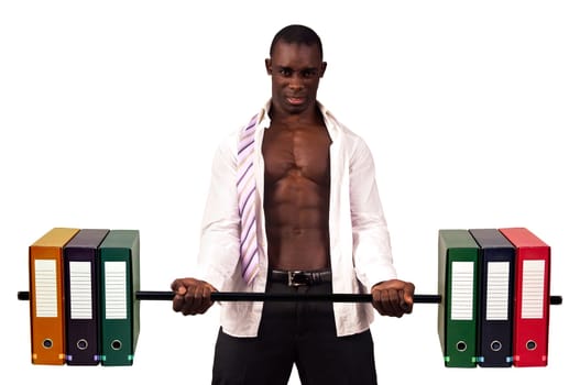 Strong businessman lifting weights made of heavy files