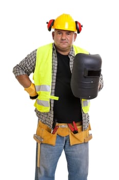 Plump construction worker isolated in white
