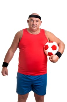 Large man with soccer ball isolated in white