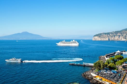 Gulf of naples with cruiser liner and mount vesuvio