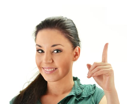 Young smiling woman with her finger up isolated on white
