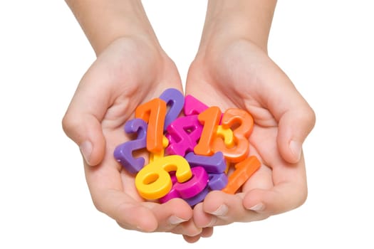 hands holding plastic numbers. isolated on white.