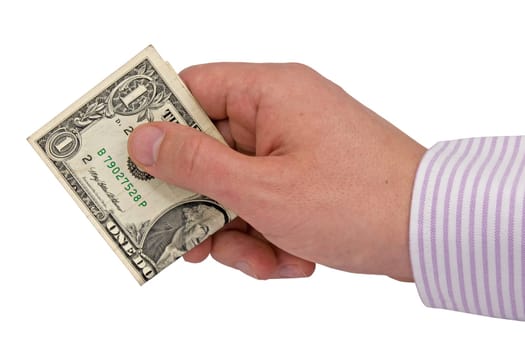 hand with one dollar. isolated on white