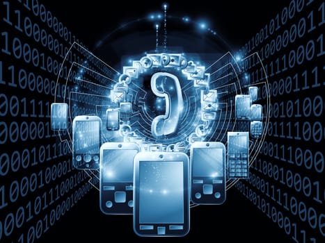 Interplay of communication symbols,  messaging icons and technological design elements on the subject of global communications, messaging, information sharing and modern technologies