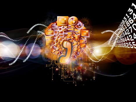 Composition of communication symbols, gears and abstract design elements as a concept metaphor on subject of global communications, messaging, information exchange and modern technologies