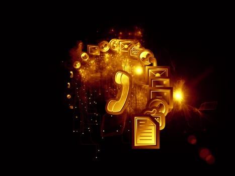 Composition of communication symbols, gears and abstract design elements on the subject of global communications, messaging, information exchange and modern technologies