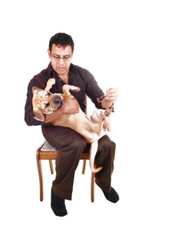 A Hispanic male has his sharpei puppy dog on his lap and playing with his best friend, sitting on a chair for white background.