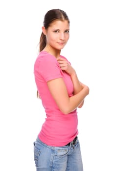 Studio shot of a young and happy woman