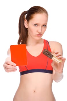 Studio shot of young woman with waffle and red card