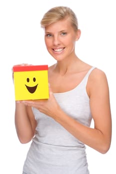 Studio shot of a young woman with a box