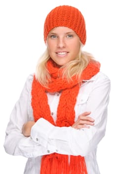 Studio shot of a young woman with a scarf and hat
