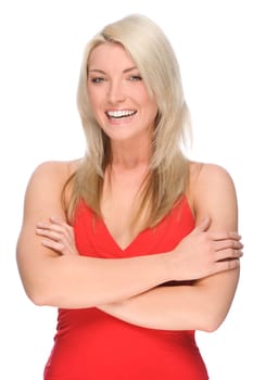 Studio shot of a young and smiling woman