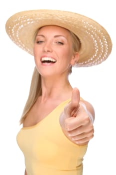 Studio shot of a young woman in a straw hat