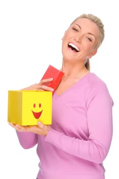 Studio recording of a young woman with a box