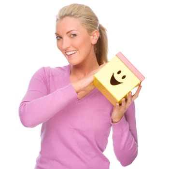 Studio recording of a young woman with a box