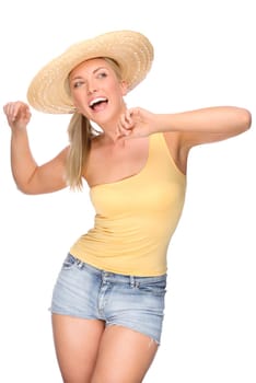 Studio shot of a young woman in a straw hat