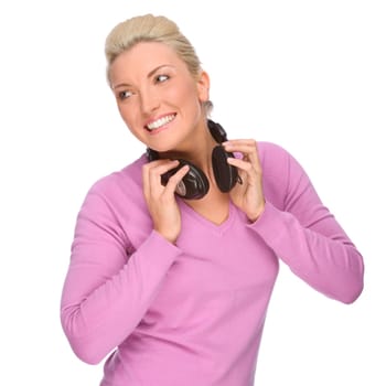 Studio shot of a young woman wearing headphones