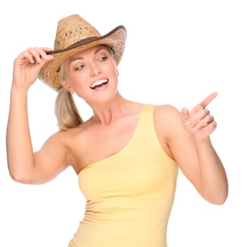 Studio shot of a young woman in a straw hat