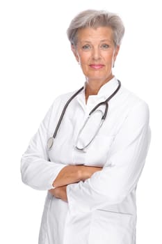 Studio shot of a female doctor with gray hair