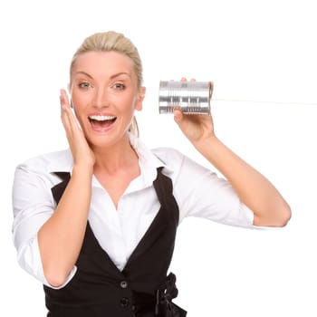 Studio shot of a young woman with a can phone