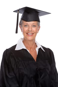 Studio shot of an active senior woman with a college degree