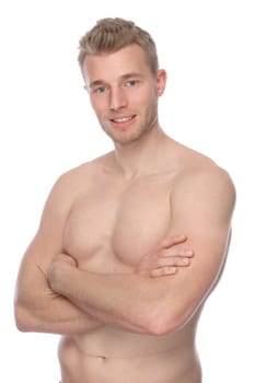 Studio shot of a young man with a bare torso against a white background