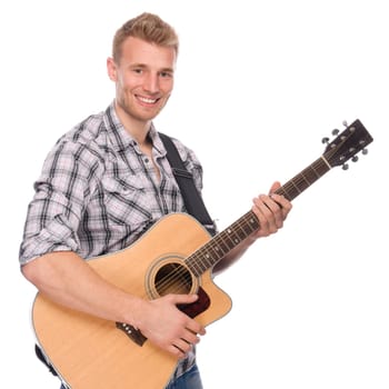 Studio shot of a young man with a guitar