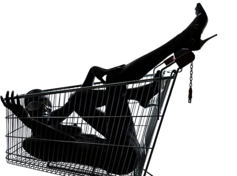 one beautiful black african naked woman sitting inside in a caddy shopping cart in studio isolated on white background