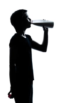 one caucasian young teenager silhouette boy or girl portrait holding empty vodka alcohol bottle in studio cut out isolated on white background