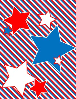 Red, White and blue patriotic star background with a striped background.