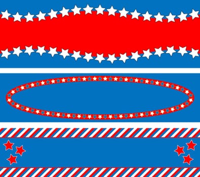 3 Red, White and blue patriotic frames or border backgrounds with stars, stripes and copy space.