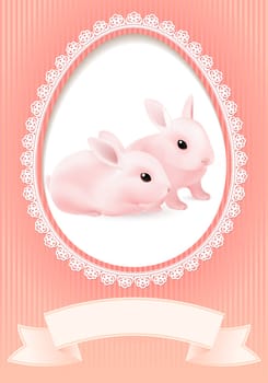 Greeting Card. Two Rabbits in a Heart on Pink background for design