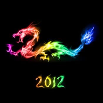 Abstract fiery rainbow dragon. Illustration on black background for design