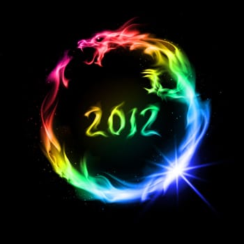 Abstract rainbow  fiery dragon. Illustration on black background for design.