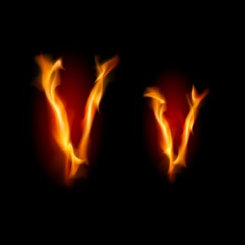 Fiery font. Letter V. Illustration on black background
