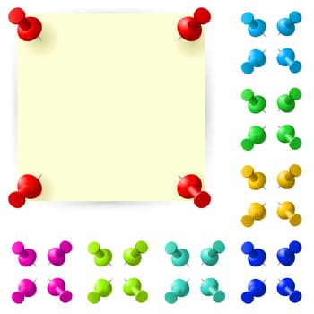 Blank sticky note with red pushpin on white background
