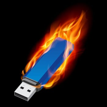 Blue USB Flash Drive in Fire. Illustration on black background