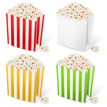 Popcorn in multi-colored striped packages. Illustration on white background for design