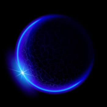 One blue planet in deep space. Black space. Blue Sunset.