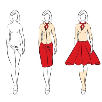 Set of Elegant, Stylized, Hand Drawn Style Fashion Models