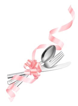 Fork spoon and knife which has been tied up by a ribbon