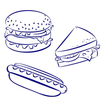 Fast food icons, black and white hand-drawn look: hamburger, hot-dog, cheese sandwich